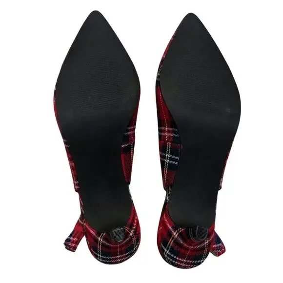 Isaac Mizrahi Red Green Plaid Slingback Pointed Toe Heels Size 8.5 Pumps Preppy - Picture 6 of 9